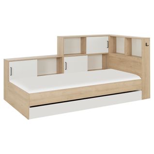 Lit 90x200 cm avec rangements ERWAN imitation chêne et blanc