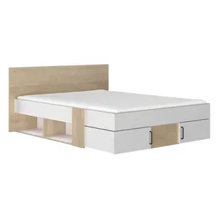 Lit 140x190cm 2 tiroirs + 2 niches SWIVEL imitation chêne et blanc