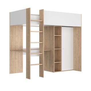 Lit mezzanine 90x200 cm avec bureau + armoire MATHIS imitation chêne et blanc