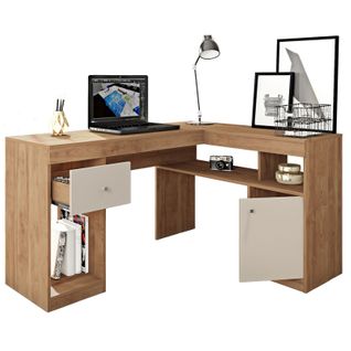 Bureau D'angle Imitation Chêne Avec Caisson Et Rangements