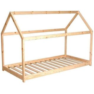 Lit Enfant Cabane 90 X 190 Cm - Bois Pin Massif Naturel - Sommier En Bois Épicéa Inclus