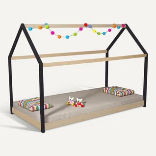 Lit Cabane Panda2 90x190 Cm + 1 Sommier / Noir Et Bois Clair