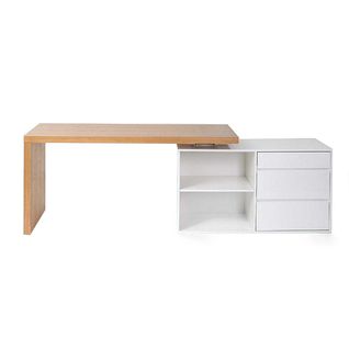 Bureau Modulable Design Blanc Brillant Et Bois Clair Frêne L160-235 Cm New Max