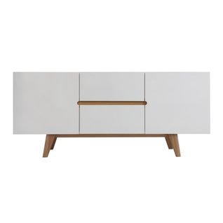 Buffet Scandinave Blanc Brillant Et Finition Bois Clair 2 Portes 2 Tiroirs L160cm Melka