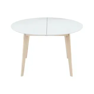Table à Manger Scandinave Ronde Extensible Blanc Et Bois L120-150 Cm Leena