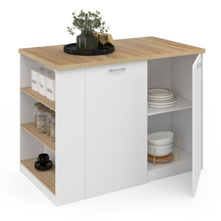 Ilot Central Tibo 120 Cm Bois Blanc Avec Plan De Travail Façon Hêtre