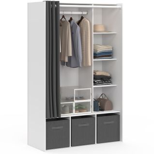 Dressing Penderie Diane 105 X 45 X 167 Cm Blanc Avec Étagères + Boites De Rangement + Rideau Gris