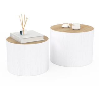 Lot De 2 Tables Basses Cylindres Gigognes Galia Bois Et Blanc