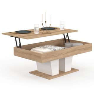 Table Basse Plateau Relevable Rectangulaire Eliad Bois Et Blanc
