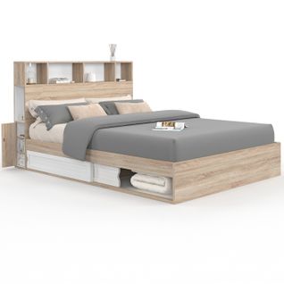 Lit Double Clem Avec Rangements + Tête De Lit Et Sommier 140 X 190 Cm Hêtre Et Blanc