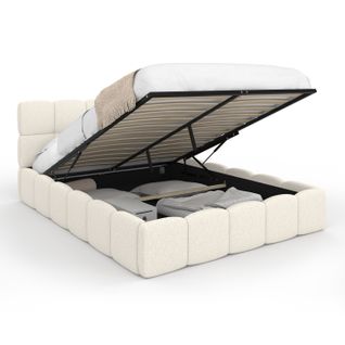 Lit Coffre Double Nuage Avec Tête De Lit Matelassée Et Sommier 140 X 190 Cm Tissu Bouclette Blanc