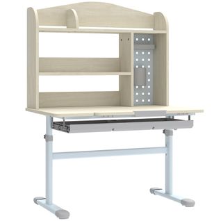 Bureau Enfant Multi-rangement Hauteur Réglable Acier Blanc Effet Bois Clair