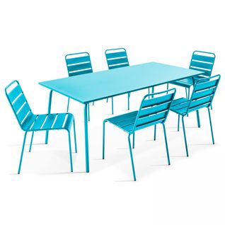Palavas - Ensemble Table De Jardin Et 6 Chaises En Métal Bleu