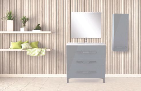 Meuble De Salle De Bain à Poser Alan - L90cm - Gris - Laqué Brillant