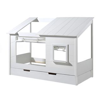 Lit Maison 90x200cm Blanc Avec Fenêtre + Tiroir Et Rideaux - Laka
