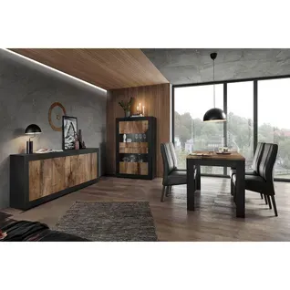 Ensemble Séjour Avec Buffet 4 Portes Finition Noir Mat Et Aspect Bois Antik - Otello