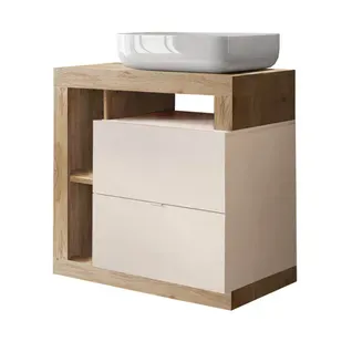 Meuble Vasque 78cm 2 Tiroirs Beige Laqué Et Aspect Bois Finition Cadiz - Arturo