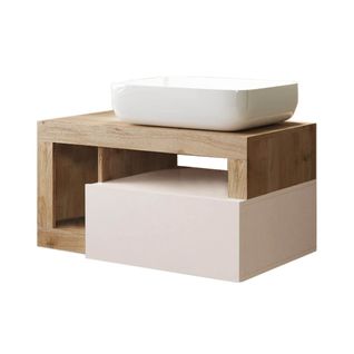 Meuble Vasque 78cm Suspendu 1 Tiroirs Beige Laqué Et Aspect Bois Finition Cadiz - Arturo