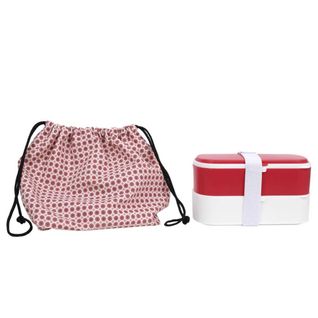 Coffret Lunch Box à Double Compartiment En Plastique Rose Et Blanc Avec Couverts Et Pochon -