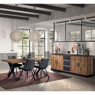 Ensemble Table 170cm + Buffet 4 Portes Aspect Bois Et Métal - Jenna