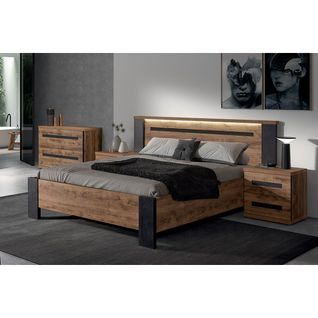 Chambre 160x200cm + Chevets + Commode Effet Bois - Candas