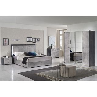 Chambre Complète 140x190cm Gris Effet Pierre Avec LEDs - Hyde