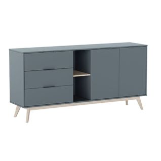 Buffet 165cm 2 Portes 3 Tiroirs Scandinave Mdf Et Pin Massif Gris Vert - Canaca