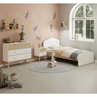 Pack Lit 90x190cm + Chevet 2 Tiroirs + Commode 4t Coloris Blanc Et Naturel - Kaina