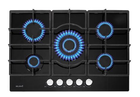 Plaque Gaz 5 Feux En Verre Noir - Brûleurs Et Grilles En Fonte - 10 800 Watts Encastrement 56x49 Cm