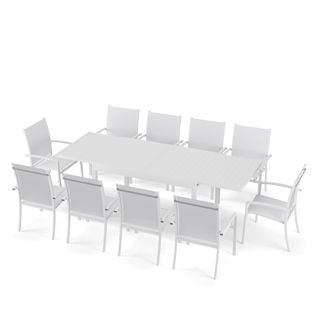 Table De Jardin Extensible Aluminium 270cm + 10 Fauteuils Empilables Textilène - Blanc - Andra