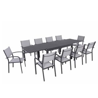 Table De Jardin Extensible En Aluminium 270cm + 10 Fauteuils Empilables Textilène Anthracite Gris -