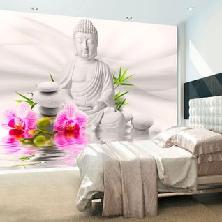 Papier Peint Bouddha Et Orchidées 350 X 245 Cm Rose