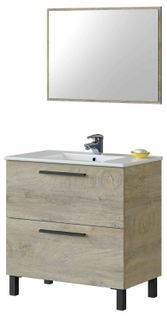 Meuble Salle De Bain Sous Vasque Avec 2 Tiroirs + 1 Miroir Coloris Alaska Chêne.