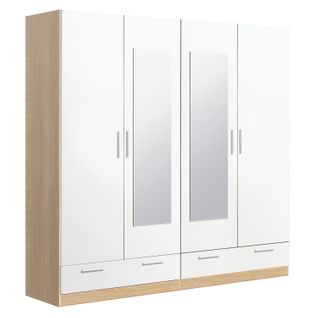 Armoire / Placard De Rangement De 4 Portes Avec Miroirs + 2 Tiroirs Coloris Chêne Cambrian / Blanc