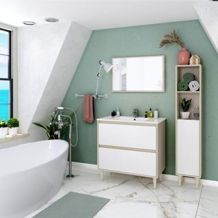 Meuble Sous Vasque 80 Cm + Vasque + Colonne + Miroir Chêne/blanc Brillant - Navero