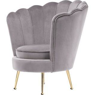 Fauteuil Coquille En Velours Gris Taupe Pieds Dorés
