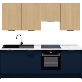 Ensemble De 8 Meubles De Cuisine - L. 245 Cm - Bleu Marine Et Chêne Clair Cannelé - Luzia Mix