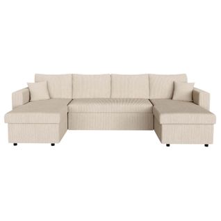 Canapé D'angle Panoramique Maria Convertible Avec 2 Coffres En Velours Côtelé - Beige