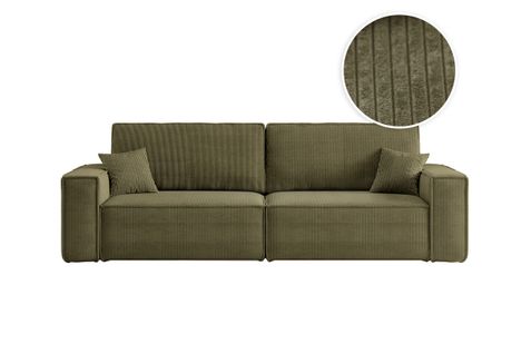 Canapé Droit 3 Places Farah Convertible En Velours Côtelé - Vert Kaki