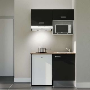 Kitchenette K02l-pt - 120 Cm-façade Noir-plan Bois-evier Inox-crédences Non+electro Blanc