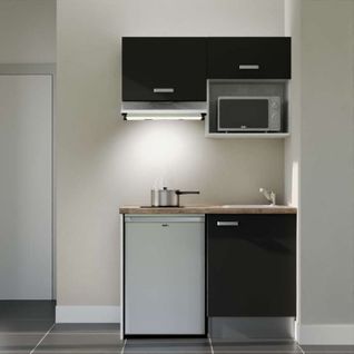 Kitchenette K02l-pt - 120 Cm-façade Noir-plan Bois-evier Inox-crédences Non+electro Inox