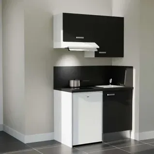 Kitchenette K01l-pt - 120 Cm-façade Noir-plan Noir Texturé-evier Inox-crédences Oui+electro Blanc