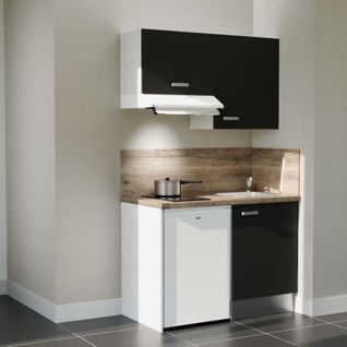 Kitchenette K01l-pt - 120 Cm-façade Noir-plan Bois-evier Inox-crédences Oui+electro Blanc
