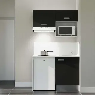Kitchenette K02l-pt - 120 Cm-façade Noir-plan Blanc-evier Inox-crédences Oui+electro Blanc