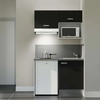 Kitchenette K02l-pt - 120 Cm-façade Noir-plan Gris Béton-evier Inox-crédences Oui+electro Blanc