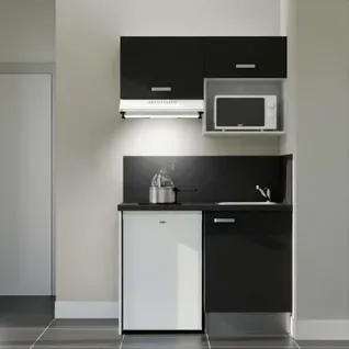 Kitchenette K02l-pt - 120 Cm-façade Noir-plan Noir Texturé-evier Inox-crédences Oui+electro Blanc
