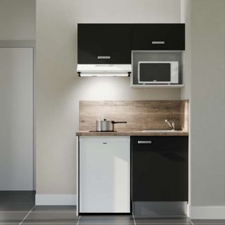 Kitchenette K02l-pt - 120 Cm-façade Noir-plan Bois-evier Inox-crédences Oui+electro Blanc