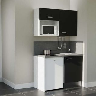 Kitchenette K07l-pt - 120 Cm-façade Noir-plan Gris Béton-evier Inox-crédences Oui+electro Blanc