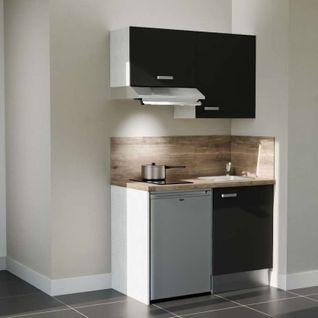 Kitchenette K01l-pt - 120 Cm-façade Noir-plan Bois-evier Inox-crédences Oui+electro Inox