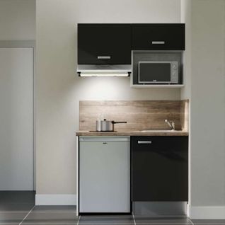 Kitchenette K02l-pt - 120 Cm-façade Noir-plan Bois-evier Inox-crédences Oui+electro Inox